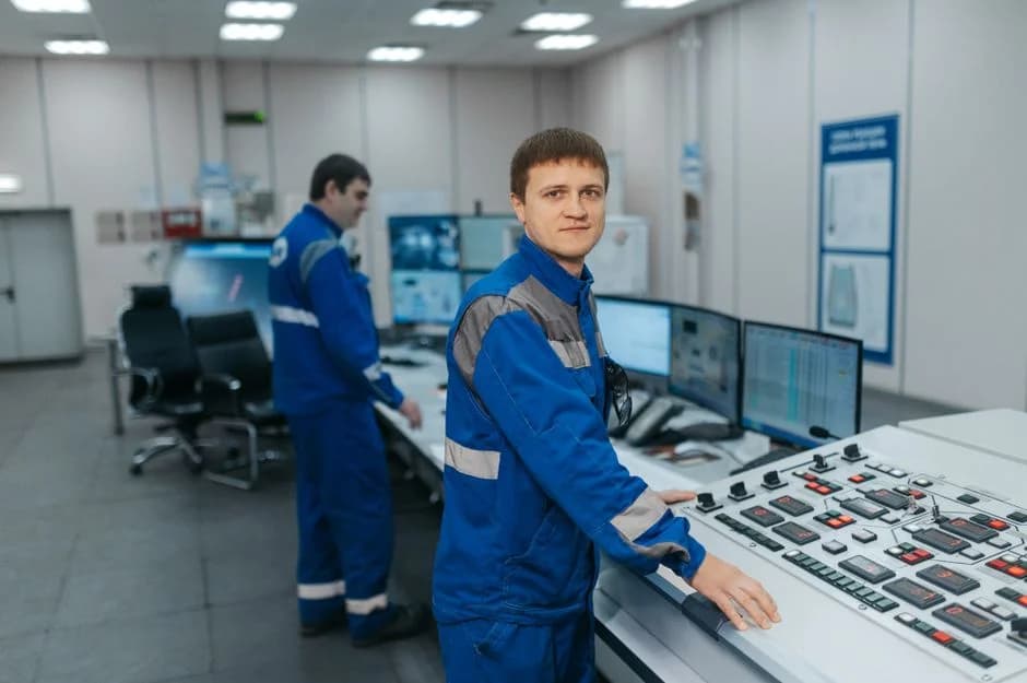 Two technicians monitor advanced machinery in a control room, reflecting GTM engineer precision and duties in 2026.