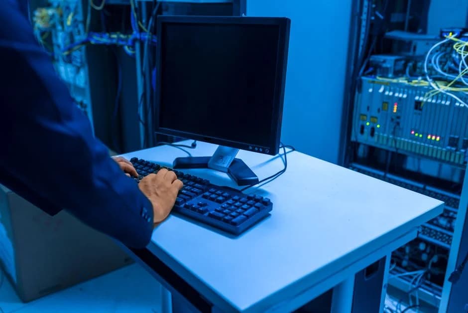 IT technician works at a computer terminal, monitoring network systems and connected equipment in a data center