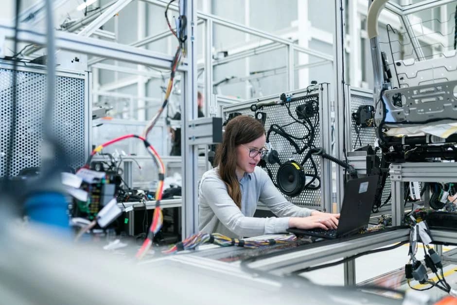 Female engineer studying a laptop screen surrounded by advanced technology equipment in a modern laboratory
