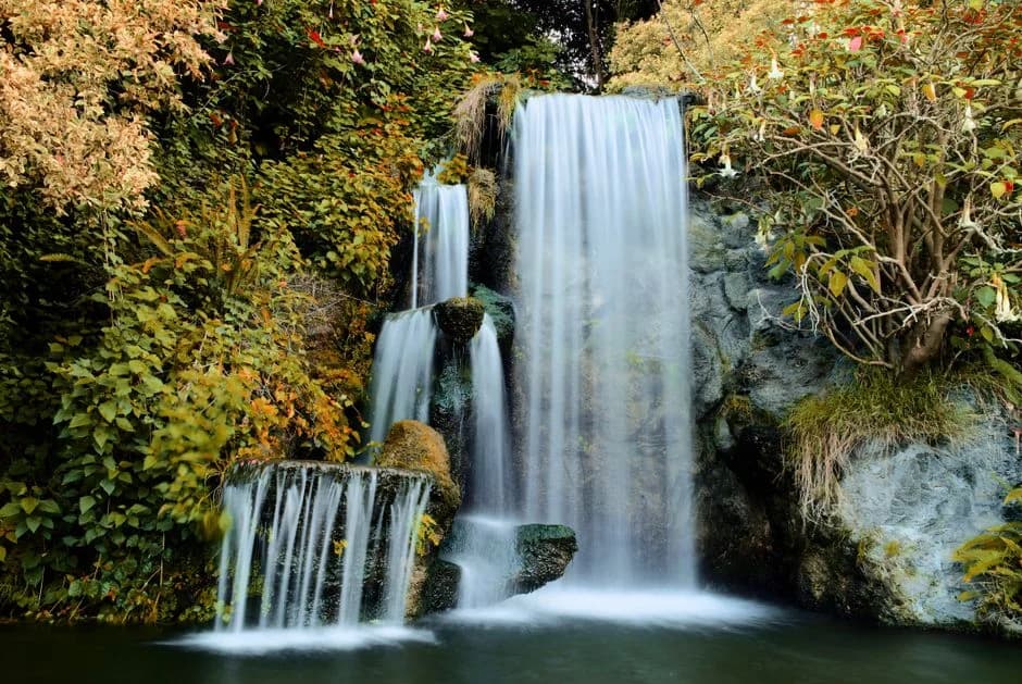 A serene waterfall cascading through vibrant green foliage in a quiet garden setting.